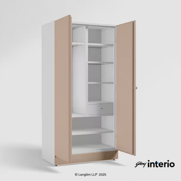 Godrej Interio Auraline Women Basic 2 Door Steel Almirah (Affogato Tex) Front Angle View with Doors Open