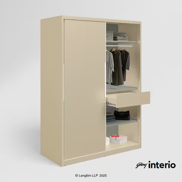 Godrej Interio Slide N Store Pro Sliding Steel Almirah (Oatmeal) Front Angle with RH Door Open with Props