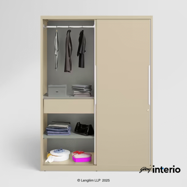 Godrej Interio Slide N Store Pro Sliding Steel Almirah (Oatmeal) Front View with RH Door Open with Props