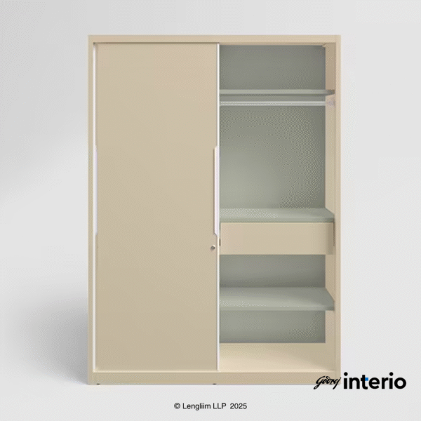 Godrej Interio Slide N Store Pro Sliding Steel Almirah (Oatmeal) Front View with RH Door Open