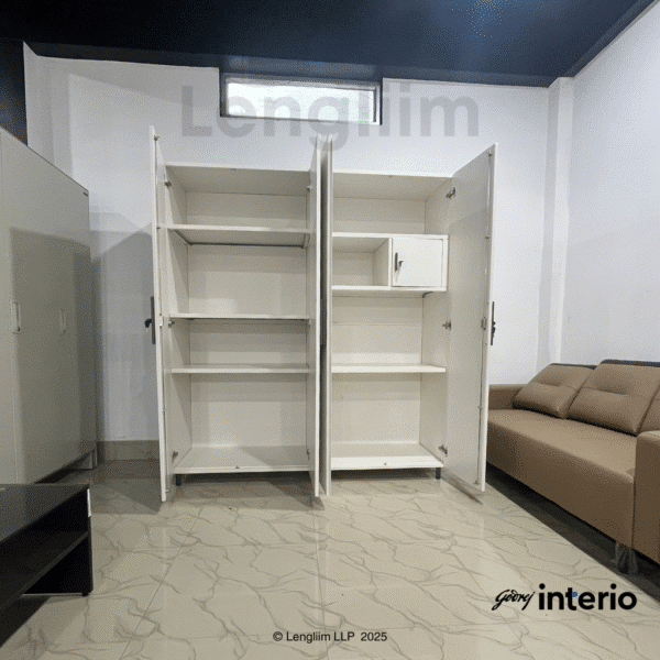 Godrej Interio Kreation X3 4 Door Steel Almirah (Hinge Door, Locker, Alpine White) Front Interior View