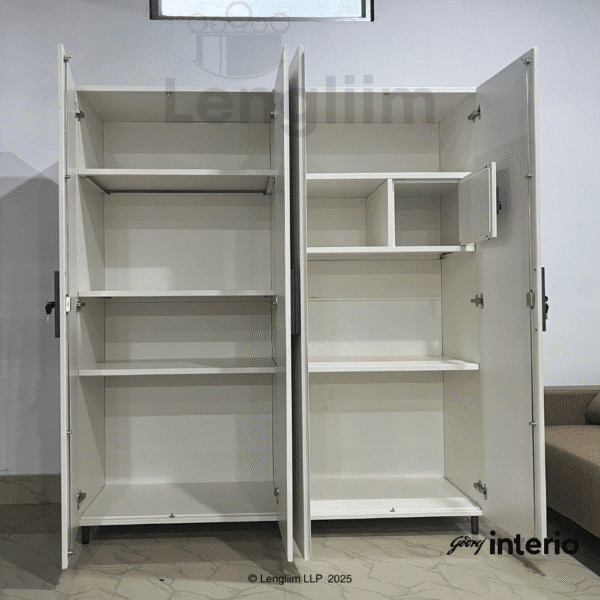 Godrej Interio Kreation X3 4 Door Steel Almirah (Hinge Door, Locker, Alpine White) Front Interior View 2