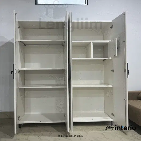 Godrej Interio Kreation X3 4 Door Steel Almirah (Hinge Door, Locker, Alpine White) Front Interior View 2