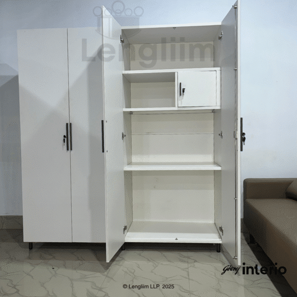 Godrej Interio Kreation X3 4 Door Steel Almirah (Hinge Door, Locker, Alpine White) Front Interior View 3