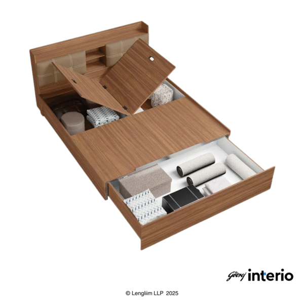 Godrej Interio Doze Nx Regular Height King Size (Engineered Wood, Pull-Out Storage) Front Angle View with Drawers Open