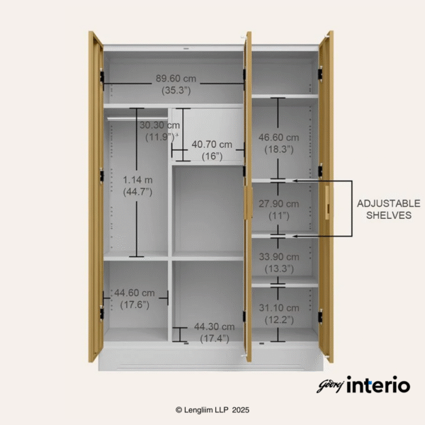 Godrej Interio Slimline 3 Door Almirah (Locker, Ice Coffee) Interior Dimensions