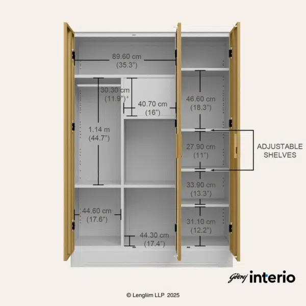 Godrej Interio Slimline 3 Door Almirah (Locker, Ice Coffee) Interior Dimensions