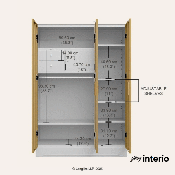 Godrej Interio Slimline 3 Door Almirah (Drawer, Ice Coffee) Interior Dimensions