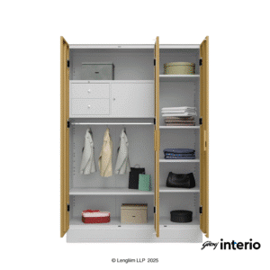 Godrej Interio Slimline 3 Door Almirah (Drawer, Ice Coffee) Front View with Doors Open