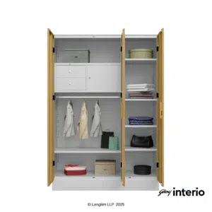 Godrej Interio Slimline 3 Door Almirah (Drawer, Ice Coffee) Front View with Doors Open