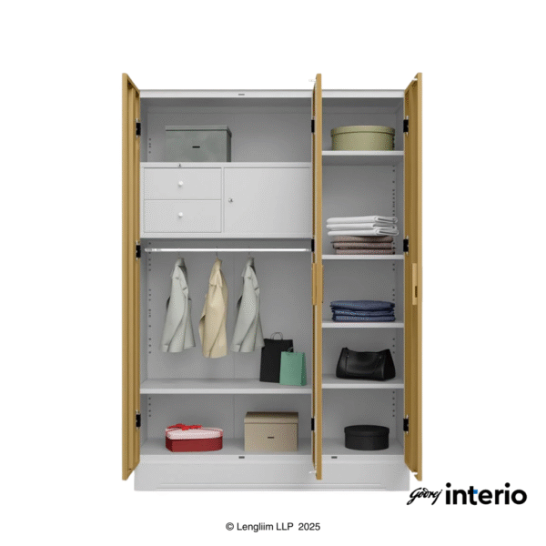 Godrej Interio Slimline 3 Door Almirah (Drawer, Ice Coffee) Front View with Doors Open