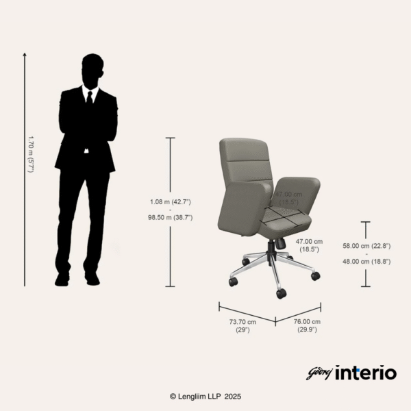 Godrej Interio Tufty Mid Back Leatherette Ergonomic Office Chair (Ash Grey) Dimensions