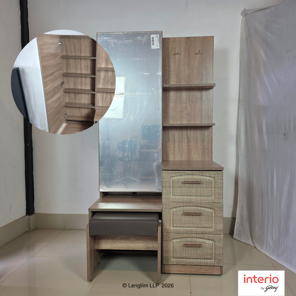 Mirror with concealed storage Godrej Interio UPMODS Dresser with Stool (Sonoma Oak Body, Sonoma Oak Drawer)